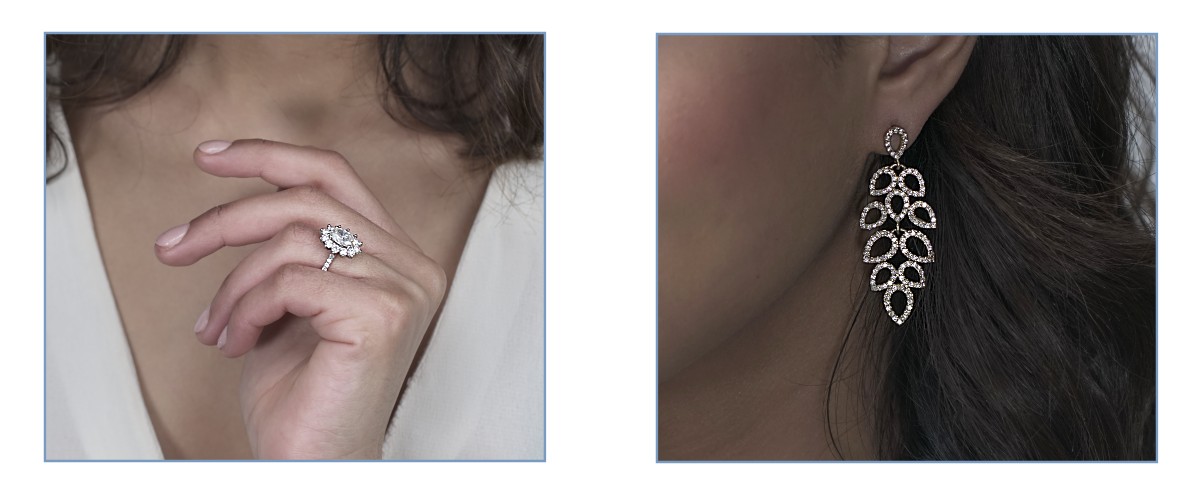 left: model with diamond engagement ring, right: model with diamond earrings